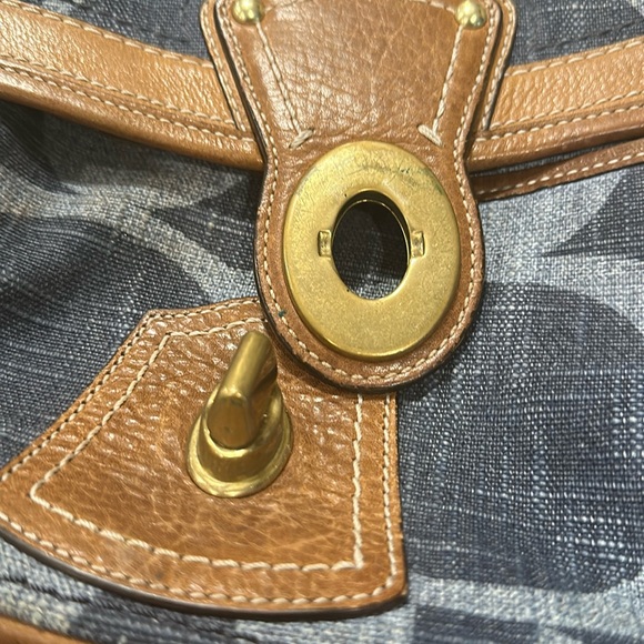 Coach Signature Ali Denim Handbag Purse Heavy Brass Fittings Tobacco Leather - Picture 3 of 15
